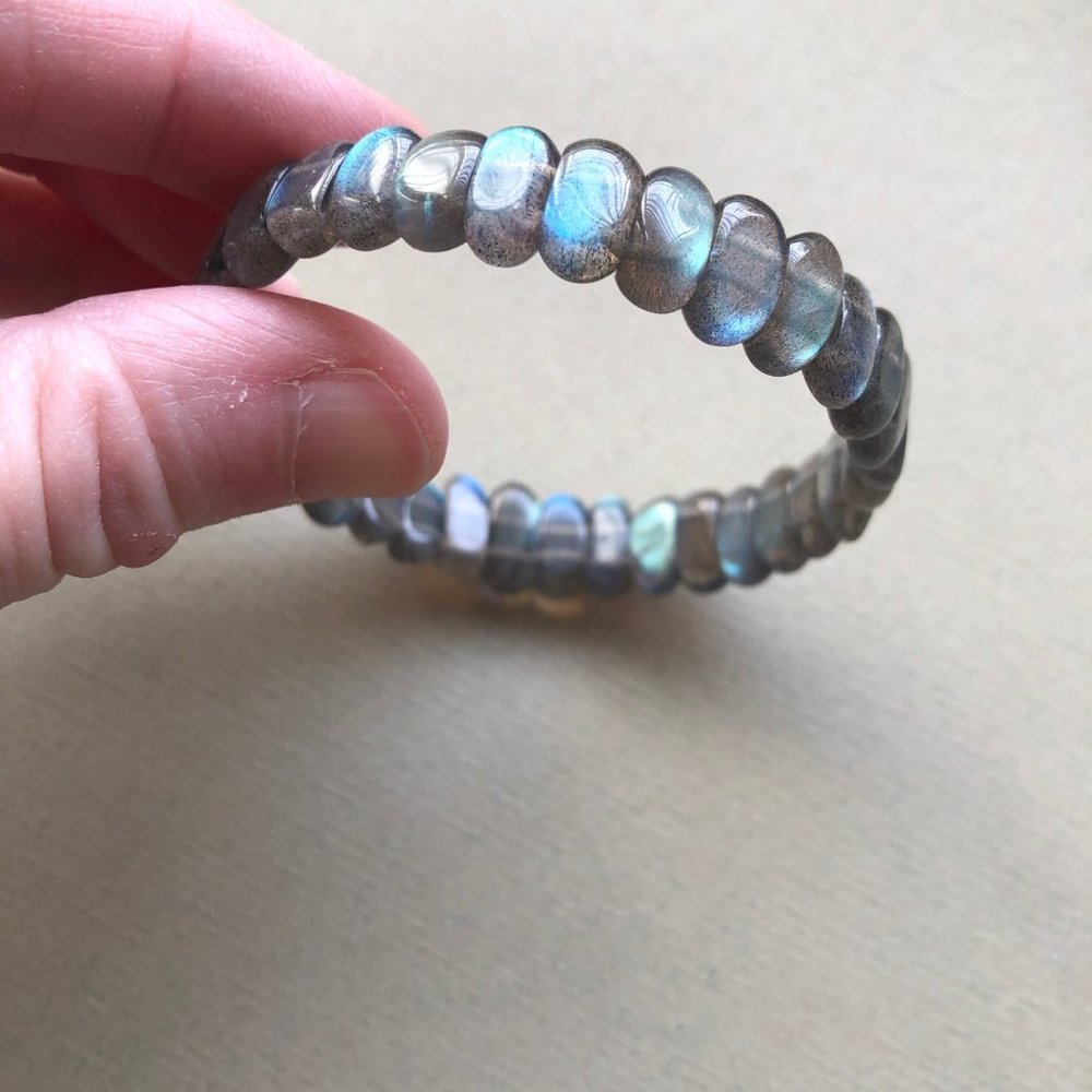 Natural Labradorite Bangle Bracelet, Blue Green Beads